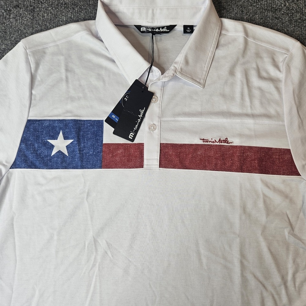 NWT Travis Mathew Men's Rattler Polo Shirt Size XL Texas Flag Design